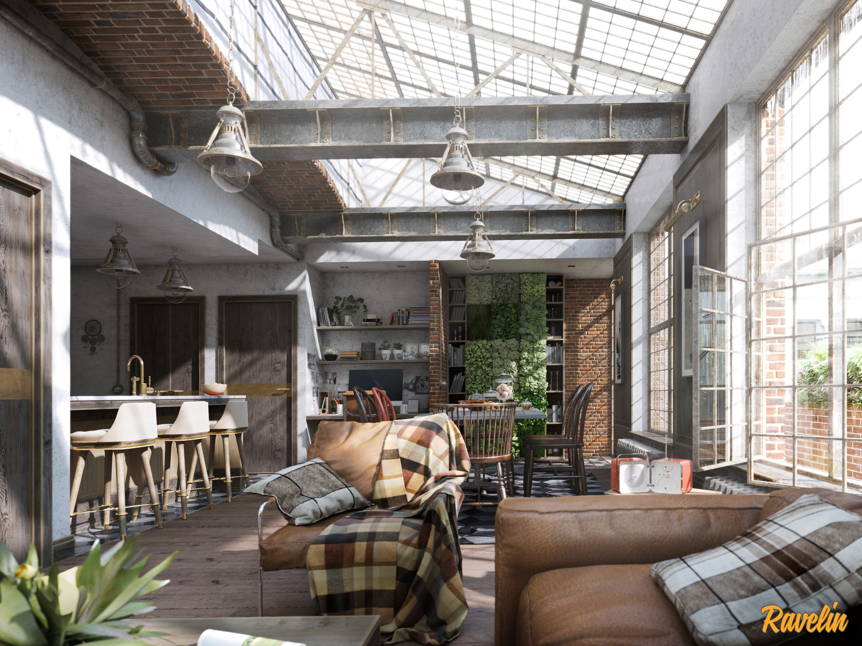Open-concept loft 3D rendering with floor-to-ceiling windows